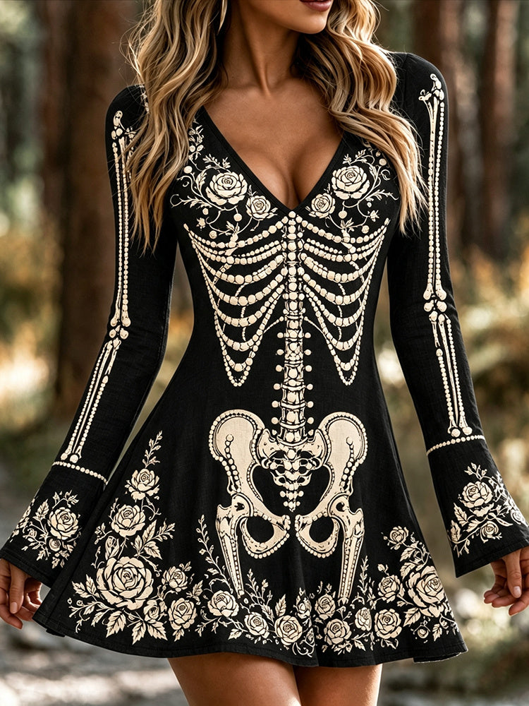 Cardydony Women's Gothic Skeleton With Floral Art Print V Neck Mini Dress