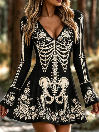 Cardydony Women's Gothic Skeleton With Floral Art Print V Neck Mini Dress