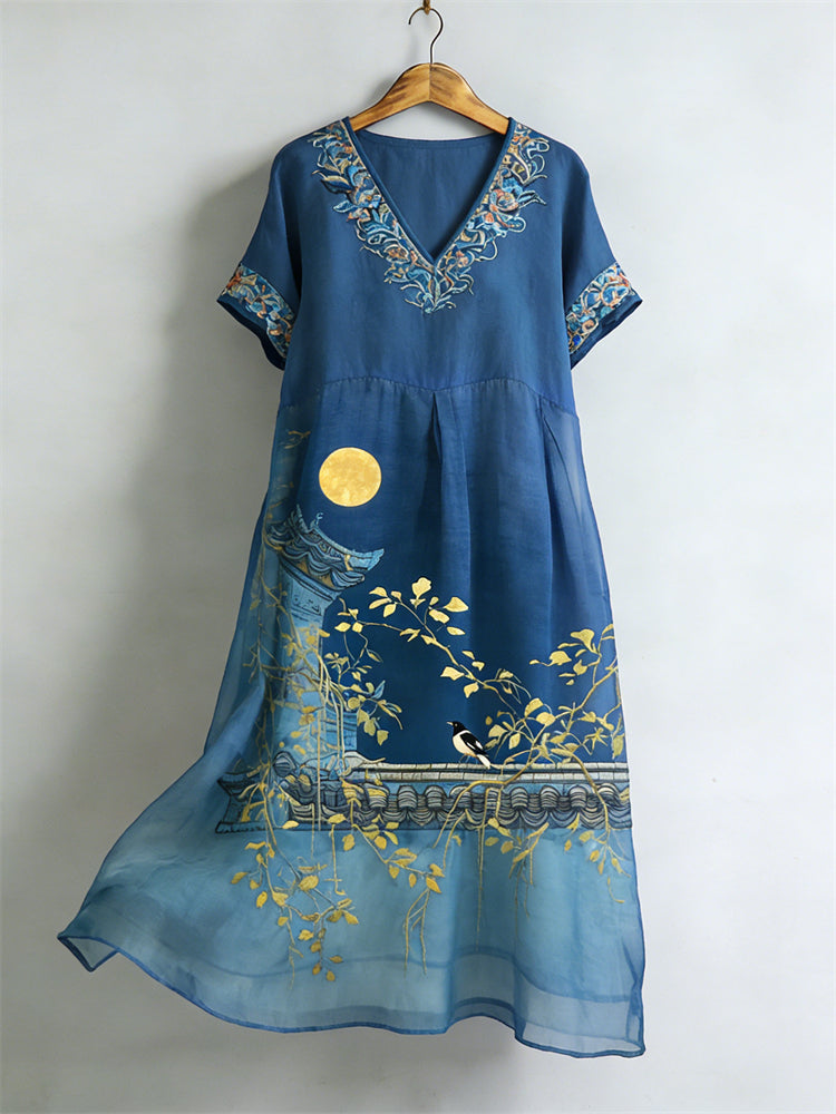 Cardydony Japanese Birds & Full Moon Scene Flowy Linen Maxi Dress