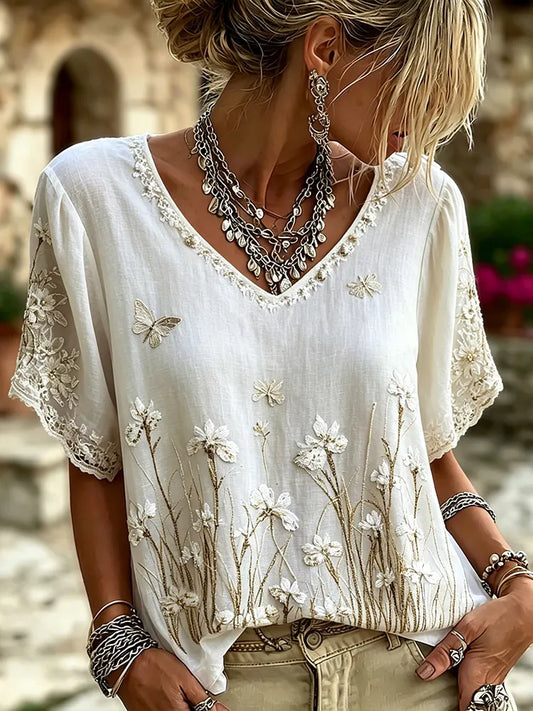 Cardydony Womens Wildflower Butterfly 3d Embroidery V Neck Blouse, Lace Trim Short Sleeve Breathable Non-sheer Linen Vintage Cottagecore Top