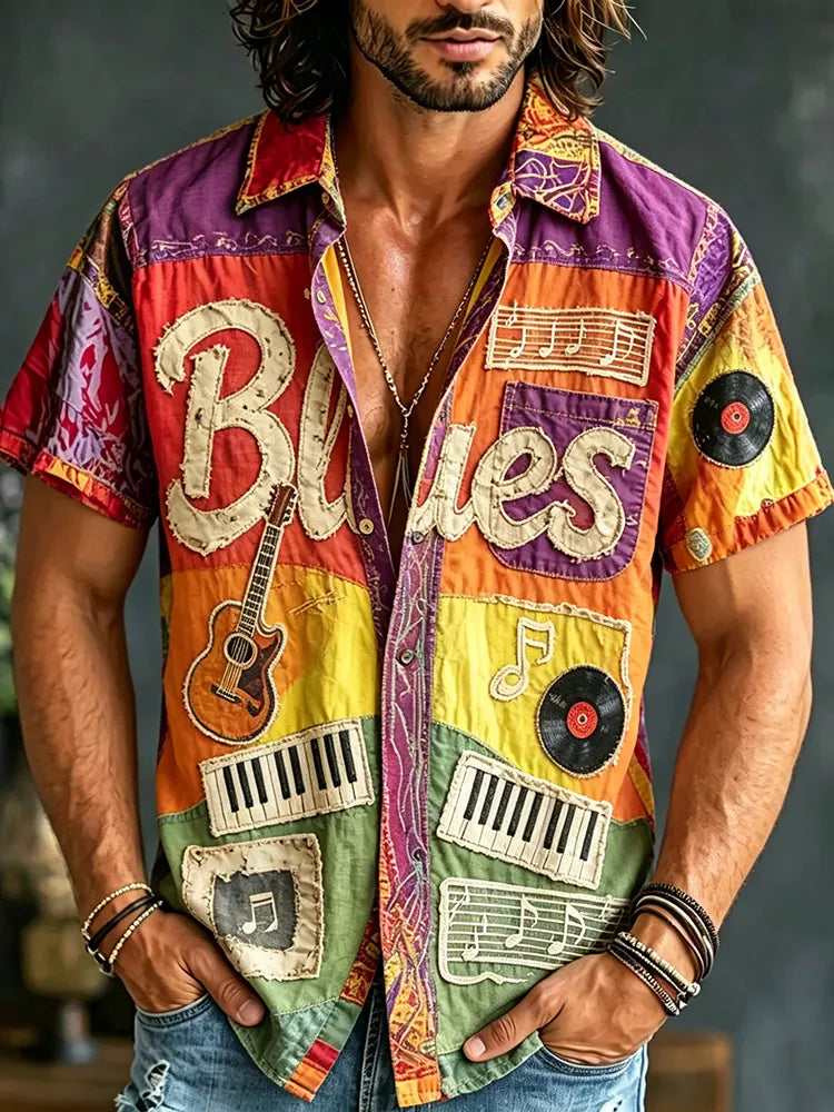 Cardydony Men's Colorful Blues Music Patchwork Fabric Print Short Sleeve Shirt