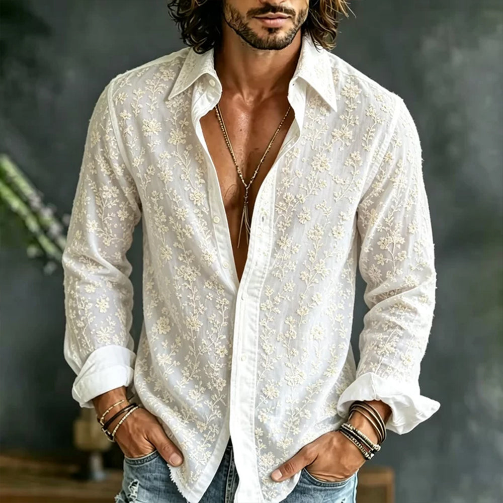 Cardydony Men's Small Floral Embroidery Art Comfortable Cotton Linen Casual Long Sleeve Shirt