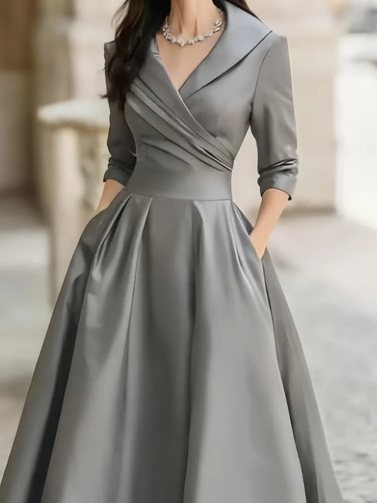 Cardydony Vintage-inspired Satin Midi Dress With Draped Collar