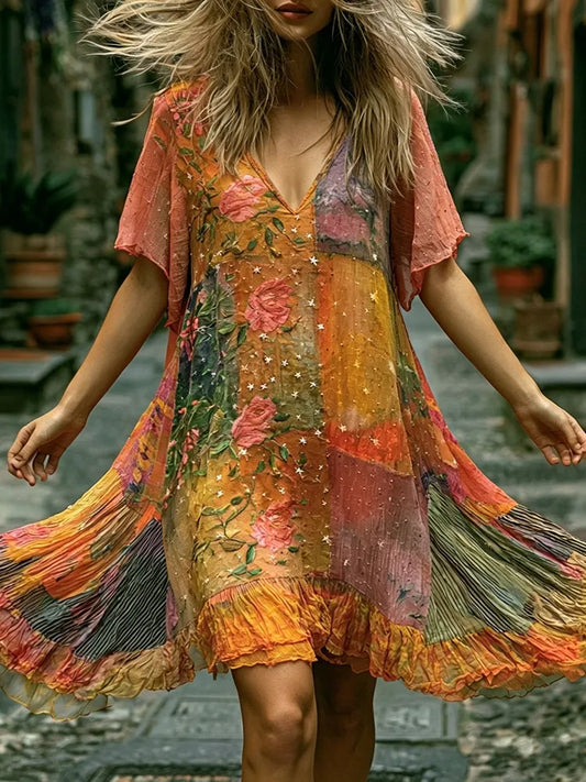 Cardydony Women's Retro Bohemian Floral Pattern Casual V-neck Dress