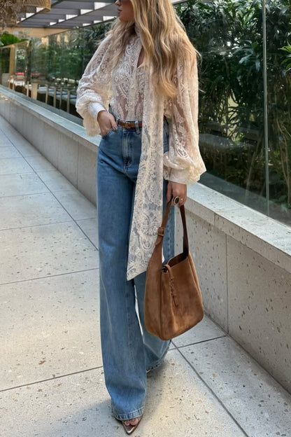 Cardydony Women's  Solid Color Sheer Lace Elegant Ribbon Long-sleeved Shirt