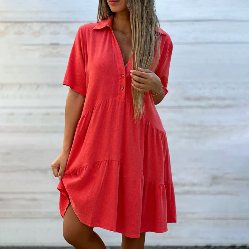 Cardydony Loose Solid Color Lapel Casual Short-sleeved Cotton Linen Dress