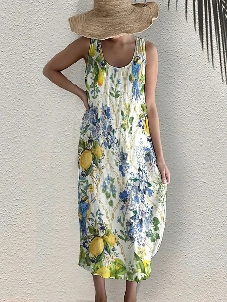Cardydony Almafi Lemon Flower And Bird Pattern Tank Midi Dress