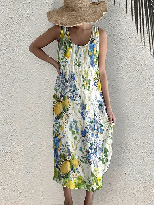 Cardydony Almafi Lemon Flower And Bird Pattern Tank Midi Dress