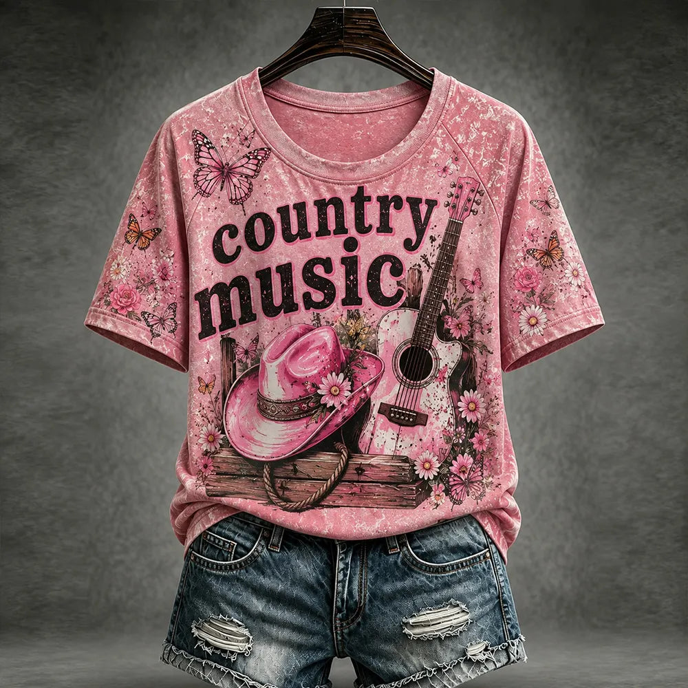 Cardydony Women's Vintage Country Music Queen Commemorative Pink Printed Crewneck T-shirt