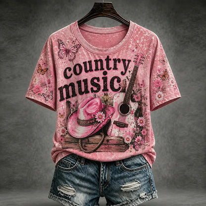 Cardydony Women's Vintage Country Music Queen Commemorative Pink Printed Crewneck T-shirt