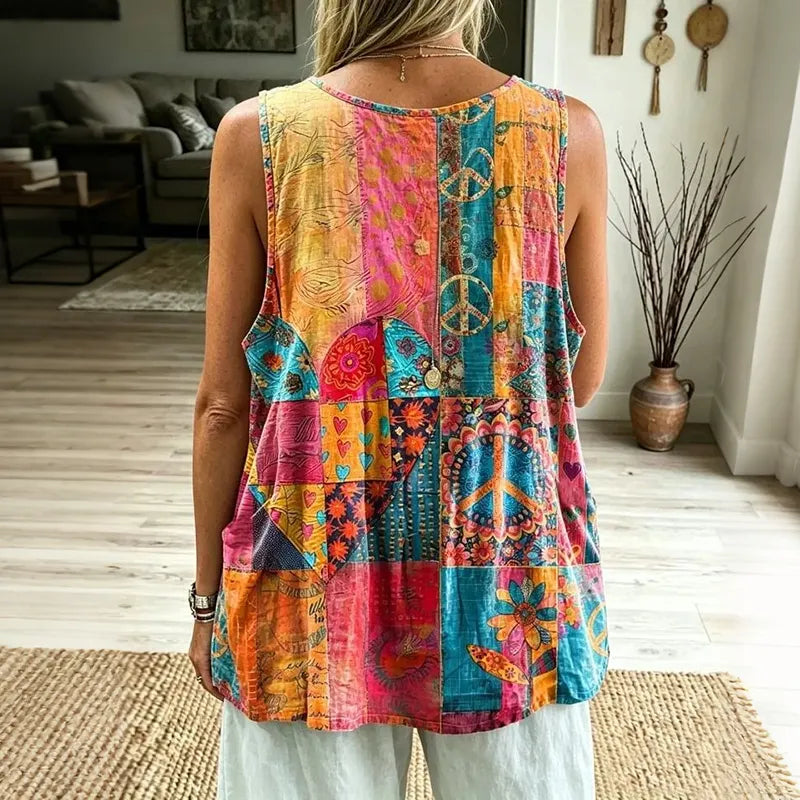 Cardydony Women's Color-blocked Hippie Print Linen Vest