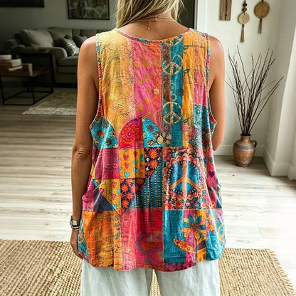 Cardydony Women's Color-blocked Hippie Print Linen Vest