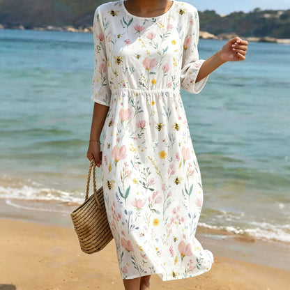Cardydony Women's Vintage Bohemian Floral Bees Print Round-neck Mid-sleeve Linen Dress