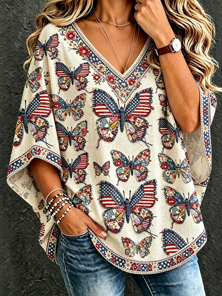 Cardydony Women's Anniversary Independence Day Butterfly Print Three Quarter Sleeves T-shirt