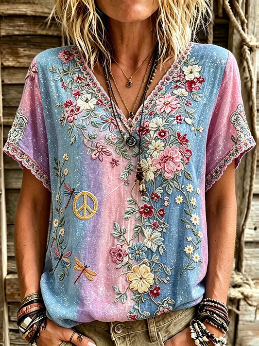 Cardydony Women's Retro Floral Dragonfly Hippie Rainbow Cotton Linen T-shirt