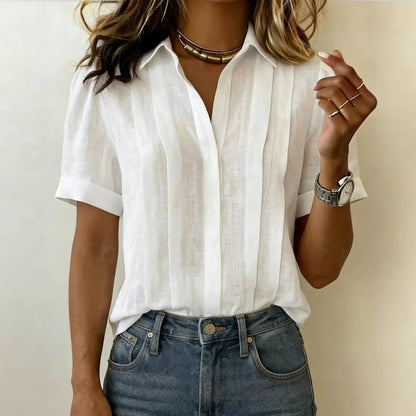 Cardydony Loose Lapel Short Sleeve Pleated Cotton Shirt