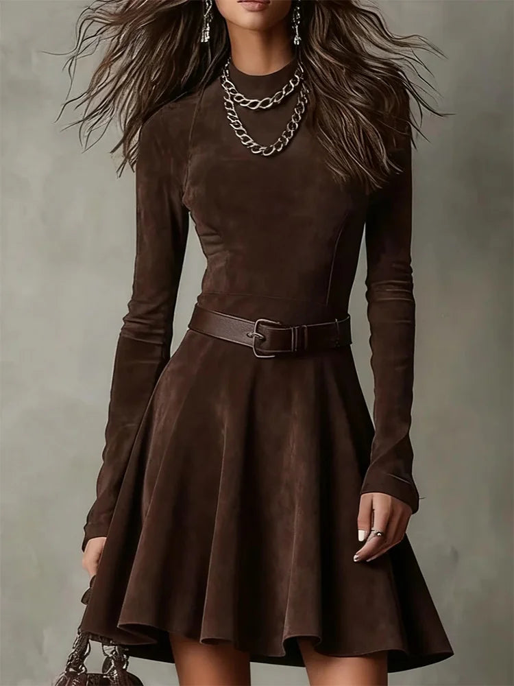 Cardydony Retro Elegant Round Neck Suede Midi Dress