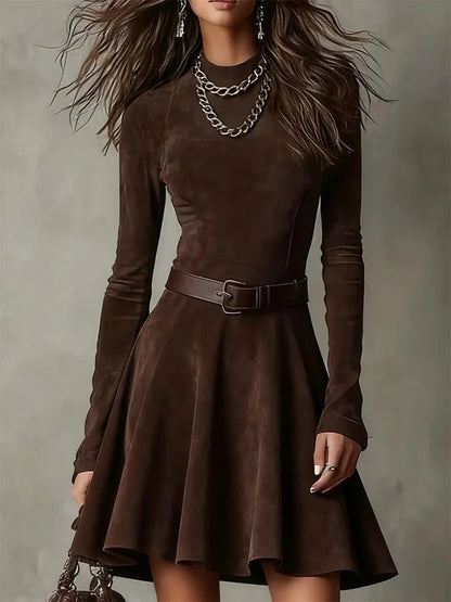Cardydony Retro Elegant Round Neck Suede Midi Dress