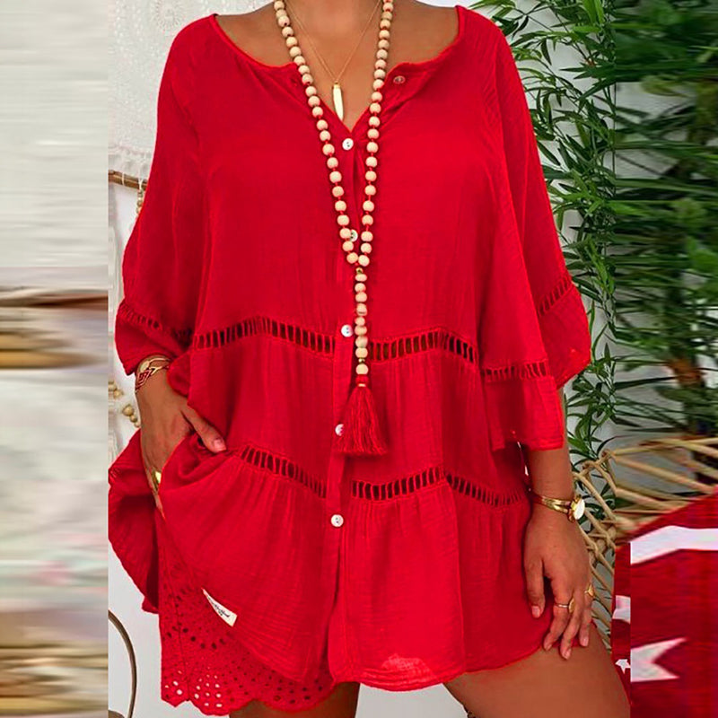 Cardydony Casual Lace-trimmed Three-quarter Sleeve Cotton And Shirt Dress