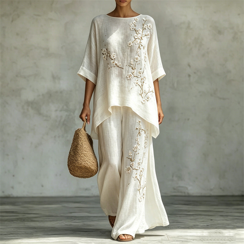 Cardydony Classy White Almond Blossom Flowy Linen Tunic & Wide Leg Pants Set