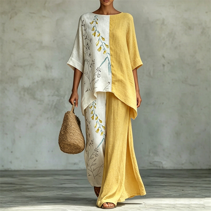 Cardydony Forest Floral Contrast Flowy Linen Tunic & Wide Leg Pants Set