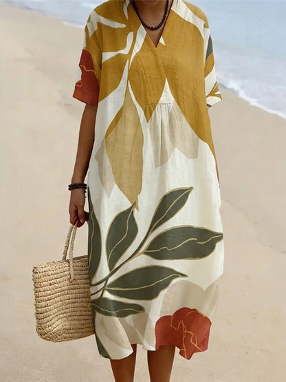 Cardydony Women's Linen Dress With Leaf And Branch Art Pattern