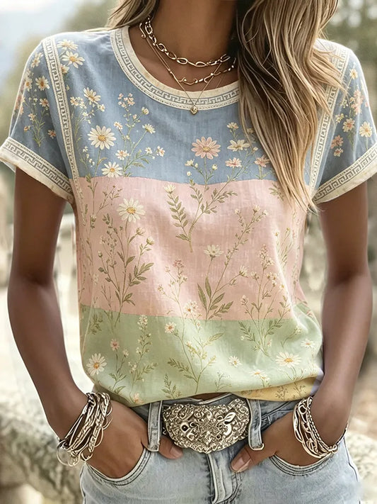 Cardydony Vintage Small Floral Art Patchwork Casual Short-sleeved T-shirt