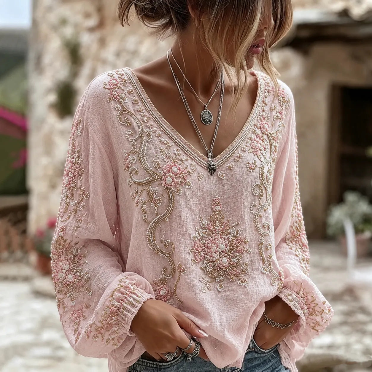 Cardydony Women's Retro Floral Embroidered Art V-neck Long Sleeve Linen Blend T-shirt