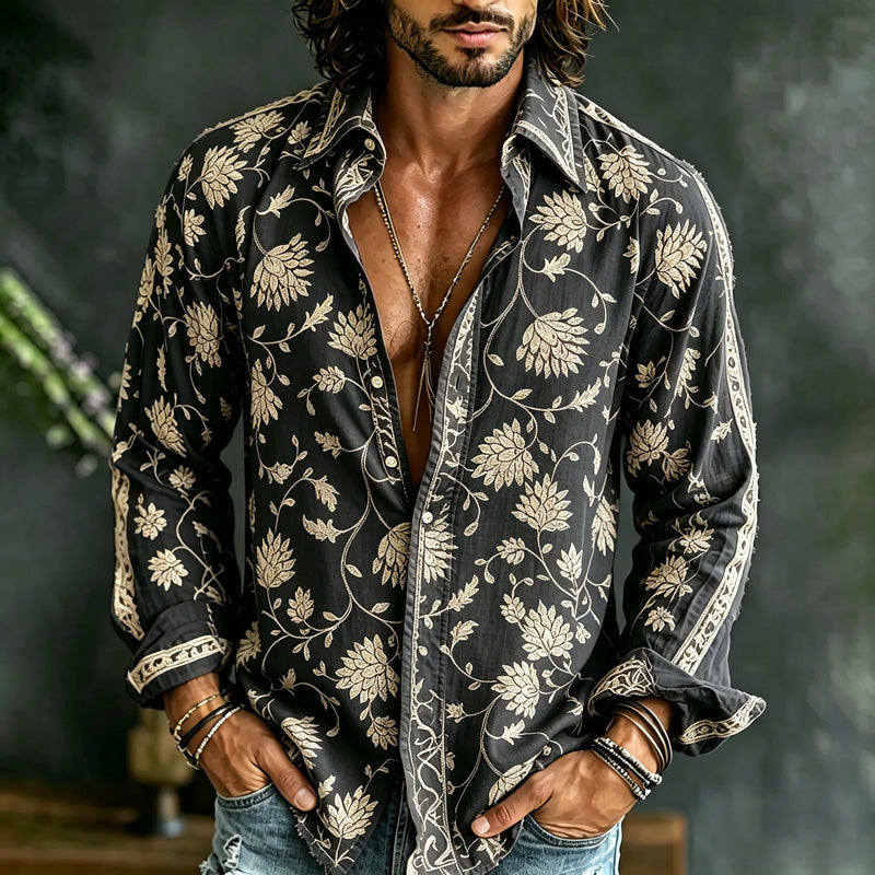 Cardydony Men's Vintage Floral Embroidered Art Print Flowy Linen Blend Casual Shirt