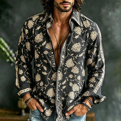 Cardydony Men's Vintage Floral Embroidered Art Print Flowy Linen Blend Casual Shirt