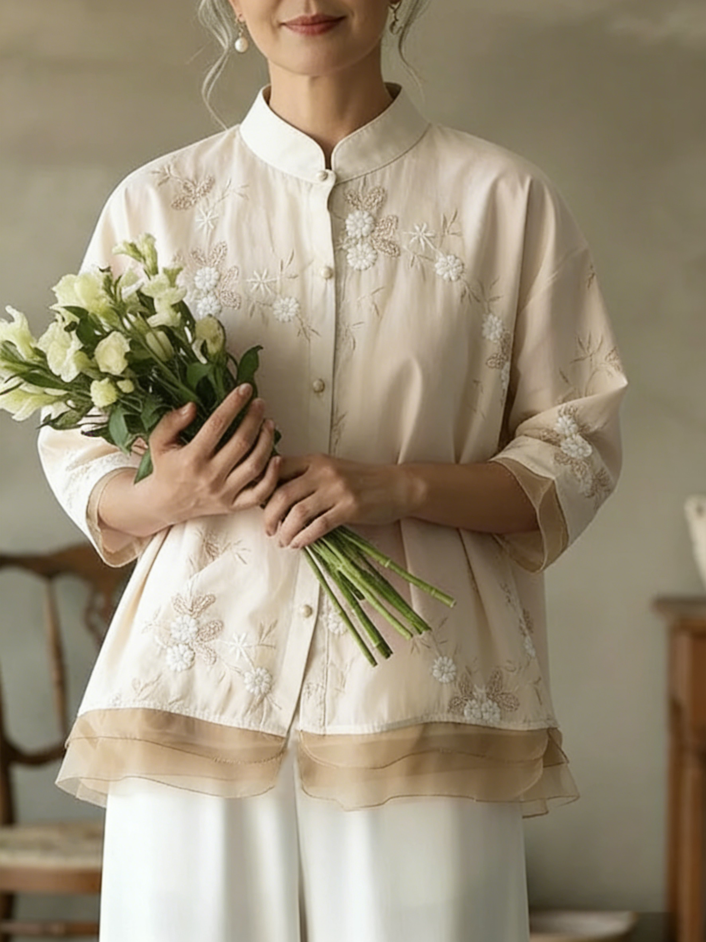 Cardydony Women's Floral Embroidered Art Linen Blend Blouse