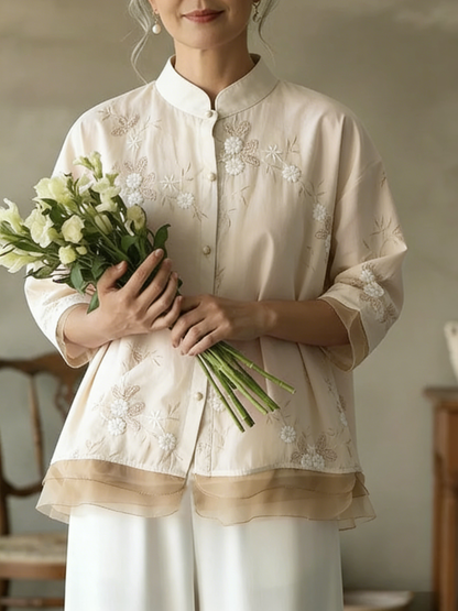 Cardydony Women's Floral Embroidered Art Linen Blend Blouse