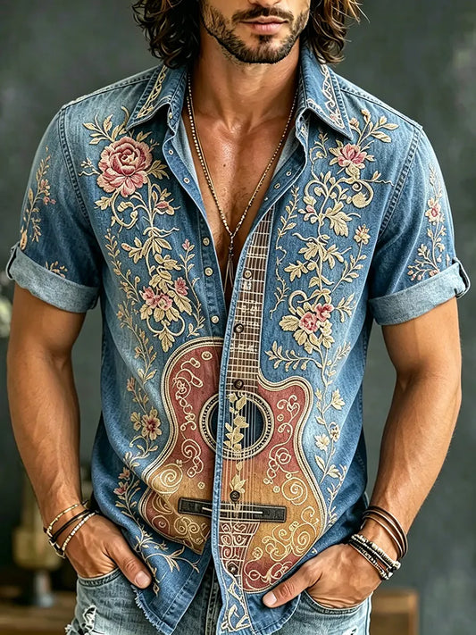 Cardydony Men's Retro Bohemian Hippie Floral With Guitar Embroidery Patterns Short-sleeve Shirt