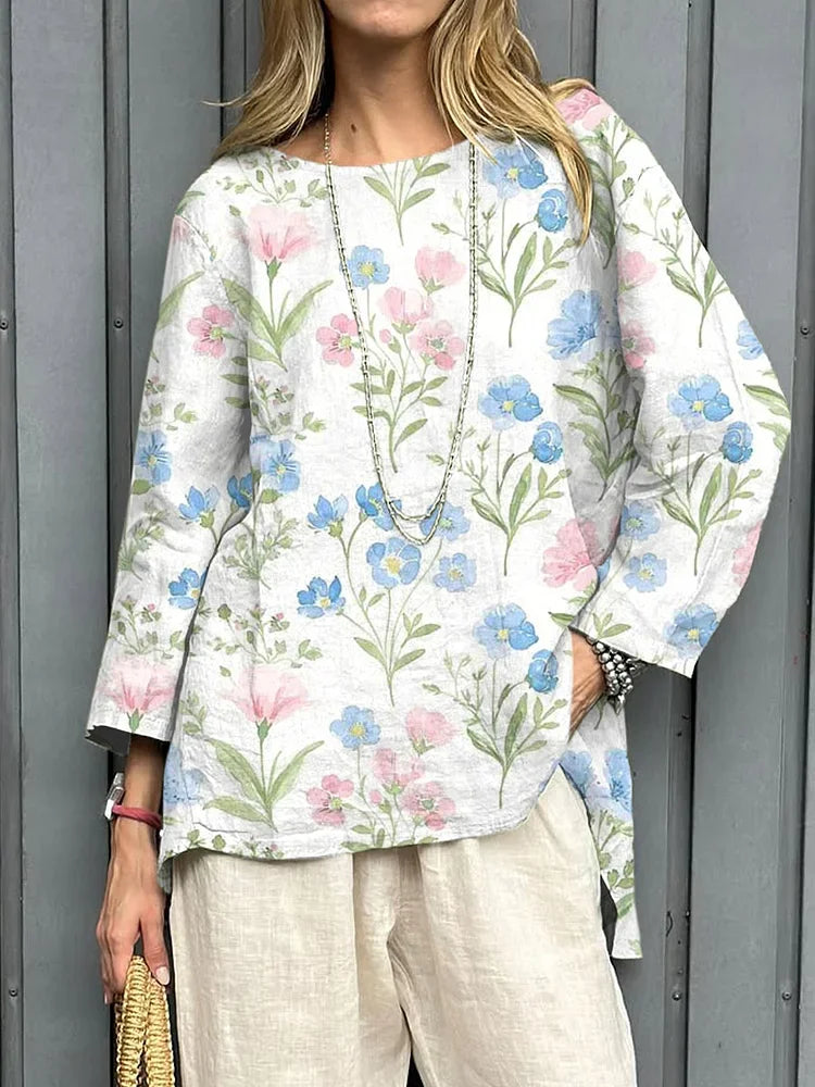 Cardydony Women's Vintage Flowers Art Print Linen T-shirt