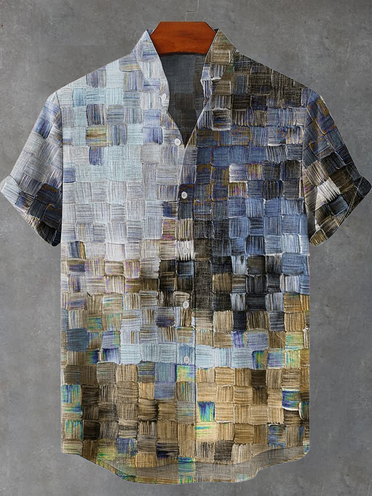 Cardydony Oil Painting Style Lattice Vintage Art Print Casual Cotton Linen Shirt