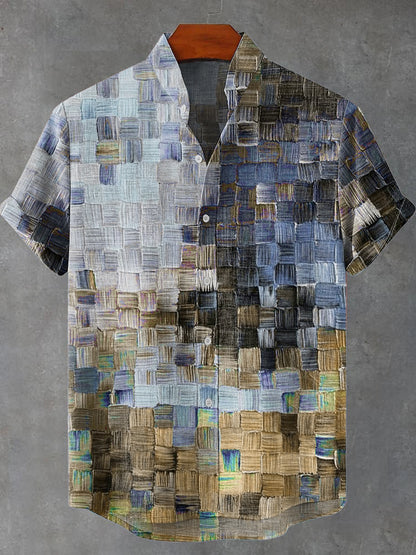Cardydony Oil Painting Style Lattice Vintage Art Print Casual Cotton Linen Shirt