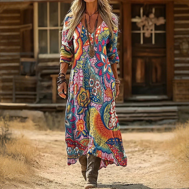 Cardydony Women Floral V Neck Printing Vintage Spring/fall Daily Maxi H-line Dress