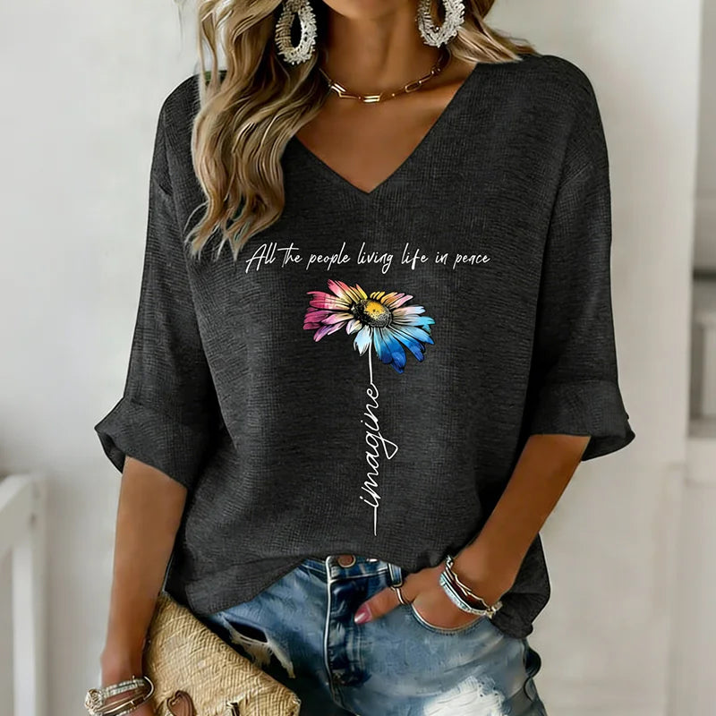 Cardydony Imagine All The People Living Life In Peace Cotton Linen Long-sleeve V-neck T-shirt