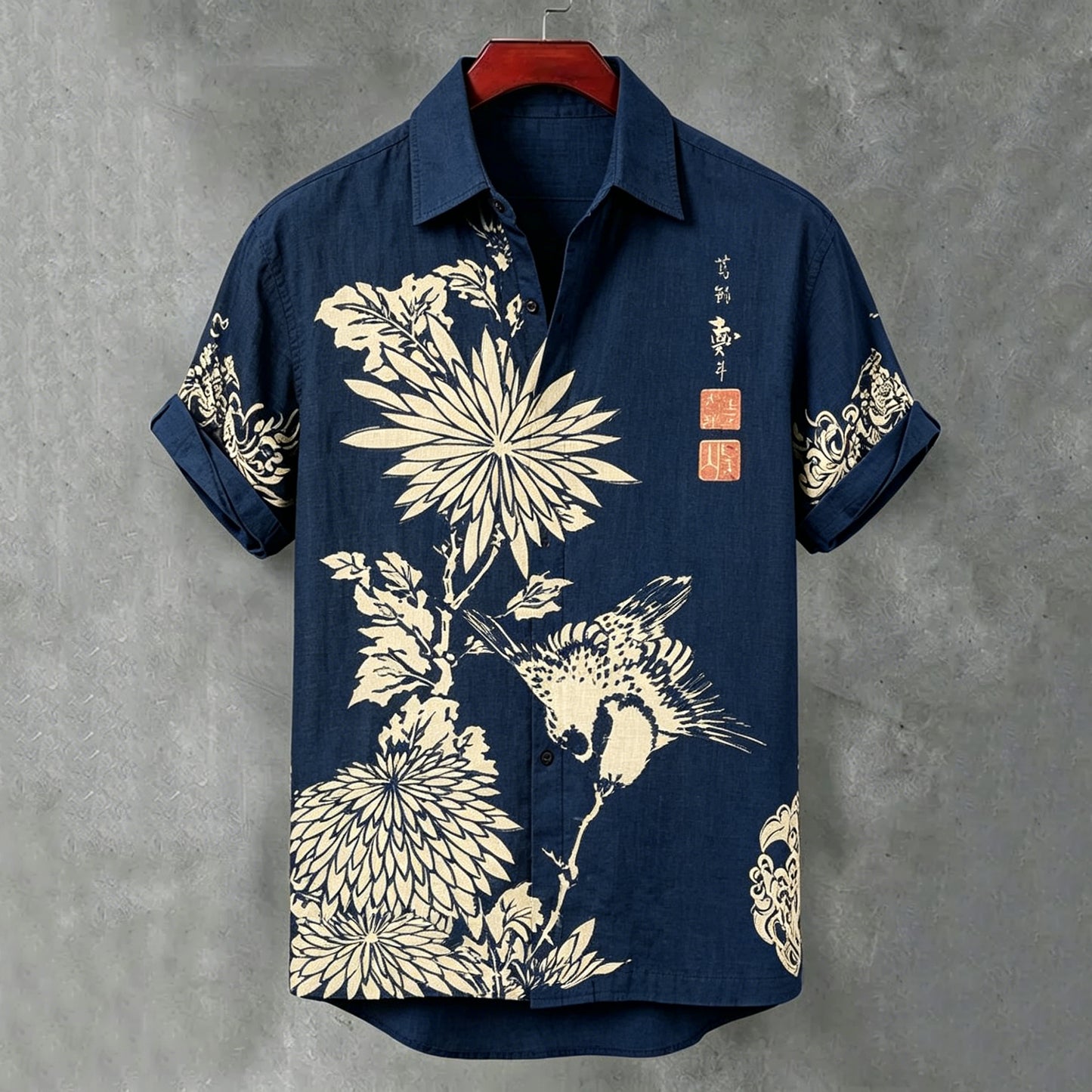 Cardydony Men's Japanese Art Floral Cotton Linen Short-sleeve Shirt