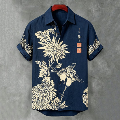 Cardydony Men's Japanese Art Floral Cotton Linen Short-sleeve Shirt
