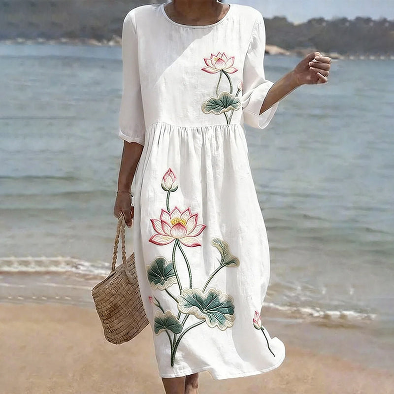 Cardydony Vintage Floral Lotus Art Pattern Linen Blend Loose Three-quarter Sleeve Dress