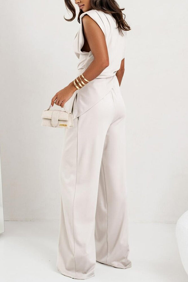 Cardydony Women's Jordy Ruched Shoulder Slit Top and Elastic Waist Pocketed Wide Leg Pants Set