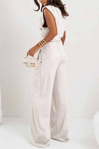 Cardydony Women's Jordy Ruched Shoulder Slit Top and Elastic Waist Pocketed Wide Leg Pants Set