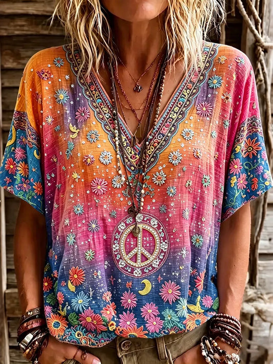 Cardydony Women's Retro Hippie Floral Color Gradient Art Linen Blend Short Sleeve Tops