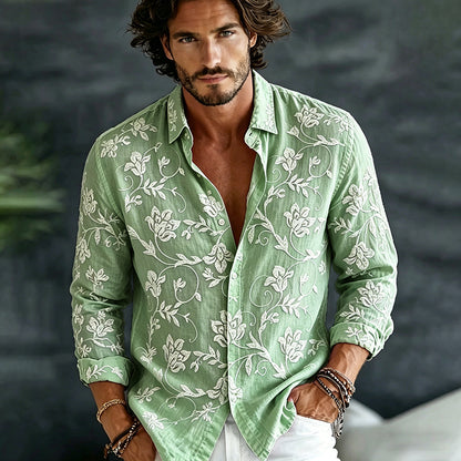 Cardydony Men's Vintage Spring Floral Embroidered Art Print Flowy Linen Blend Casual Shirt