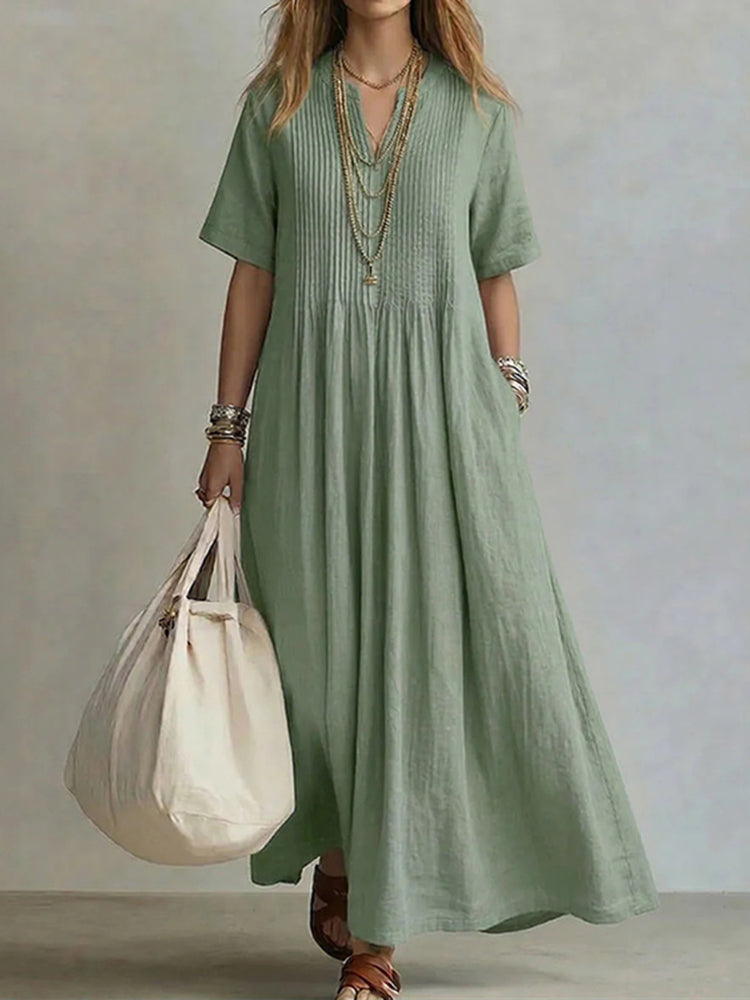 Cardydony Women's Retro Solid Color Loose V-neck Short-sleeve Pleated Cotton Linen Dress