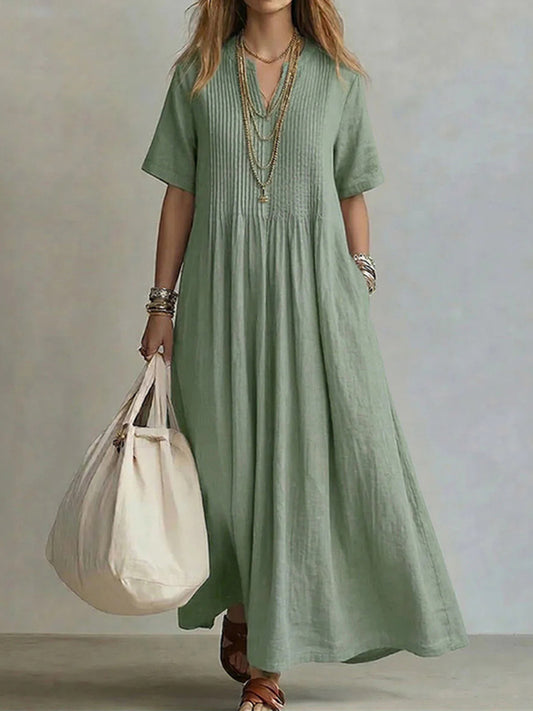 Cardydony Women's Retro Solid Color Loose V-neck Short-sleeve Pleated Cotton Linen Dress