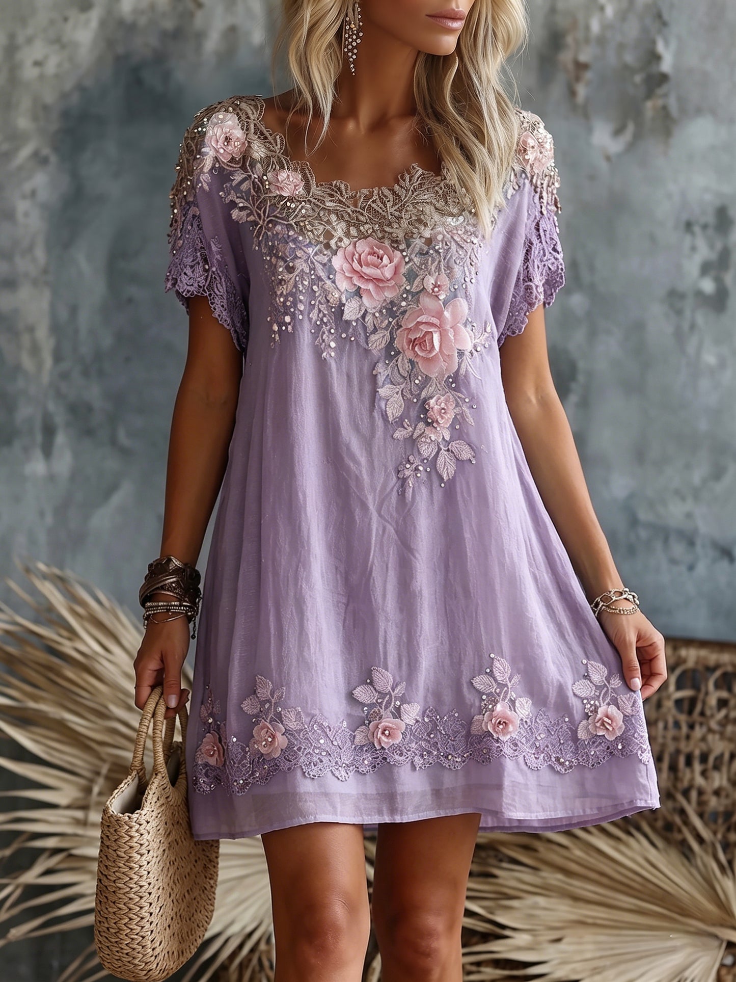 Cardydony Women's Retro Rose Floral Embroidery Pattern Short Sleeve Linen Dress