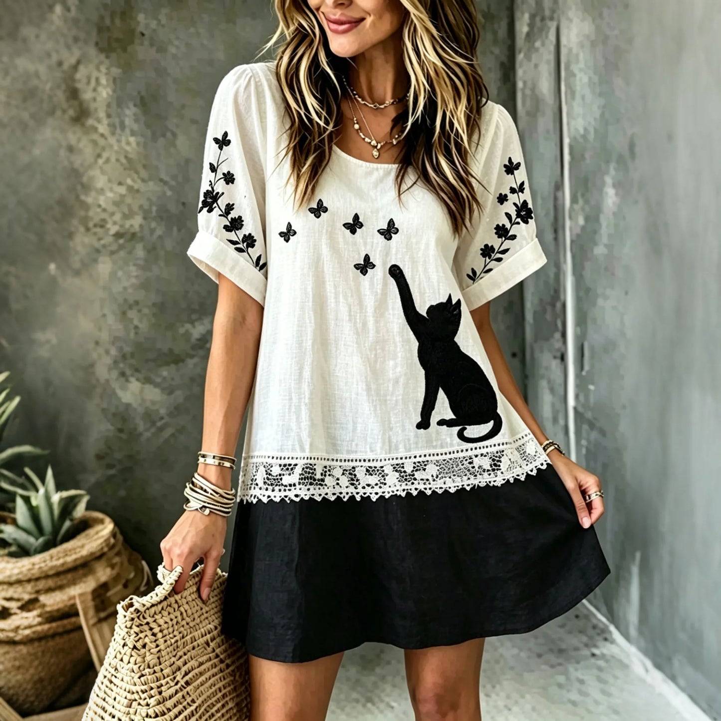 Cardydony Women's Black Cat Art Embroidered Linen Blend Round Neck Mini Dress