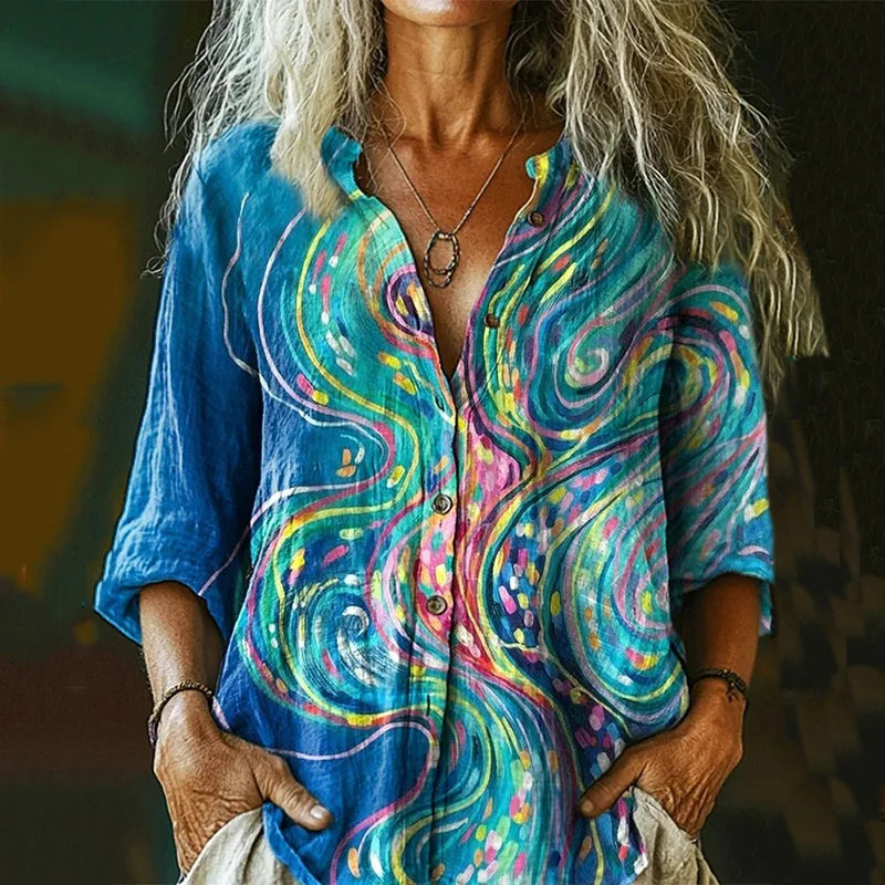 Cardydony Women's Abstract Line Art Print Cotton And Linen Shirt